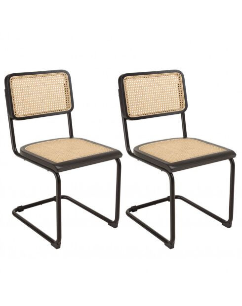 Lot de 2 chaises assise bois noir/rotin naturel pieds métal PIERRE
