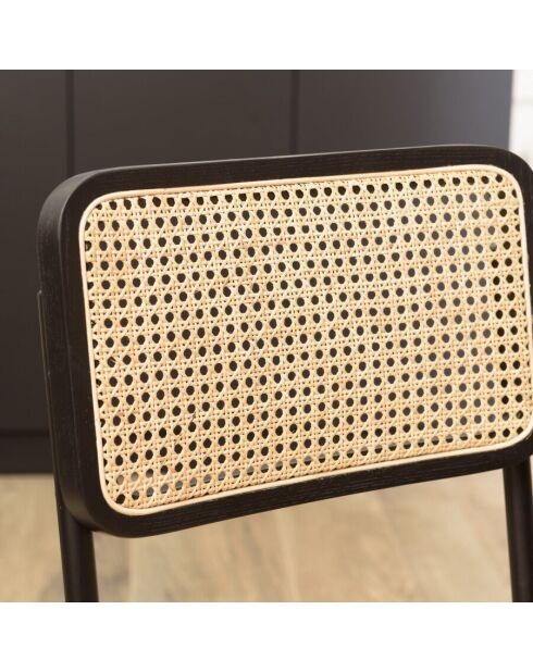 Lot de 2 chaises assise bois noir/rotin naturel pieds métal PIERRE