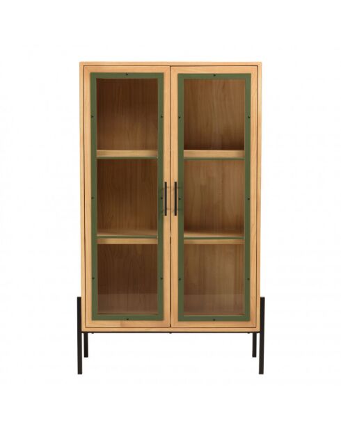 Vaisselier 2 portes vitrées encadrement vert pin et métal noir
