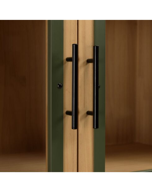 Vaisselier 2 portes vitrées encadrement vert pin et métal noir