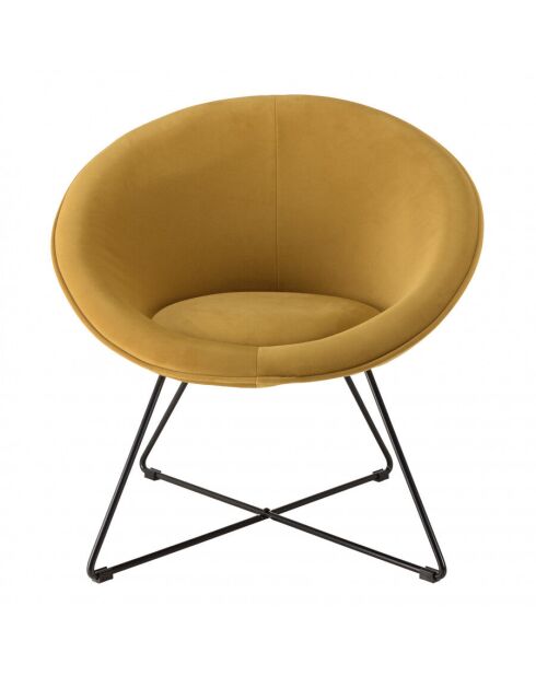 Fauteuil tissu velours jaune moutarde pieds croisés métal noir AGATHE