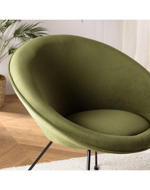 Fauteuil tissu velours vert olive pieds croisés métal noir AGATHE