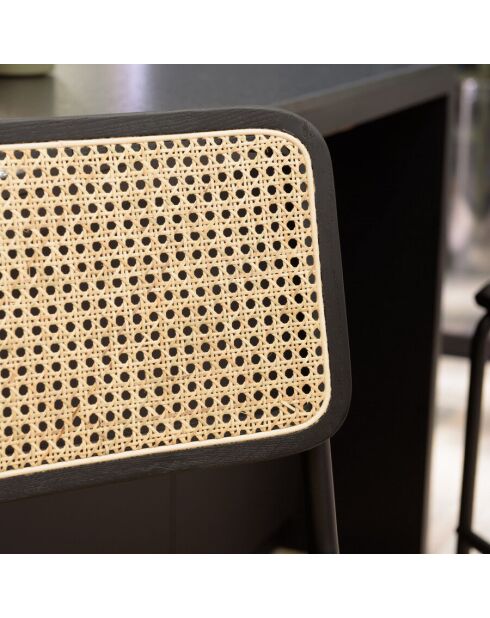 Lot de 2 tabourets d'ilot bois noir/rotin naturel pieds métal PIERRE