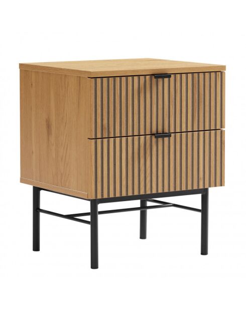 Chevet 2 tiroirs décor effet bois rainuré noir et naturel SCOTT