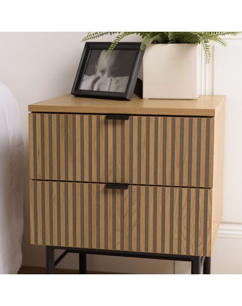 Chevet 2 tiroirs décor effet bois rainuré noir et naturel SCOTT