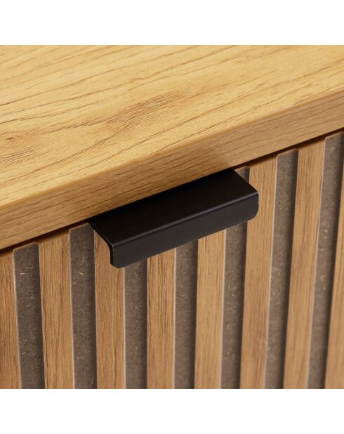 Chevet 2 tiroirs décor effet bois rainuré noir et naturel SCOTT