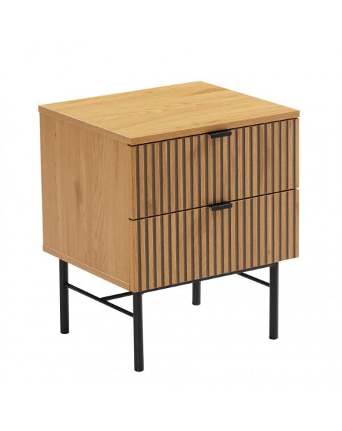 Chevet 2 tiroirs décor effet bois rainuré noir et naturel SCOTT