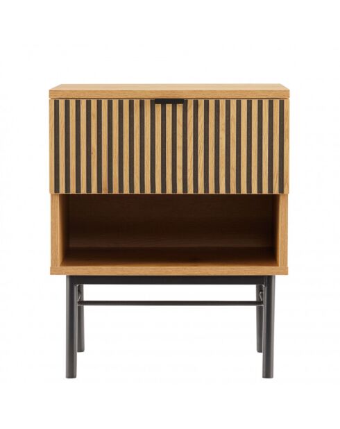 Chevet 1 tiroir décor effet bois rainuré noir et naturel SCOTT