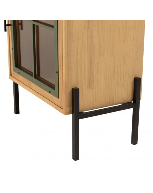 Buffet 1 porte vitrée encadrement vert pin et métal noir