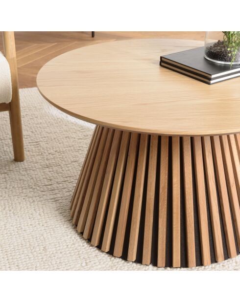 Table basse ronde D80 décor et chêne naturel pied à motif strié