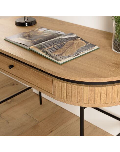 Bureau arrondi couleur naturelle 1 tiroir pieds métal noir