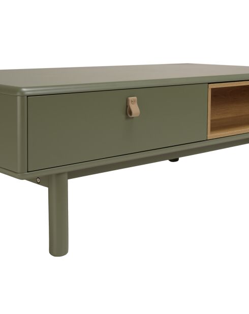 Table basse verte 2 tiroirs et 2 niches en bois naturel