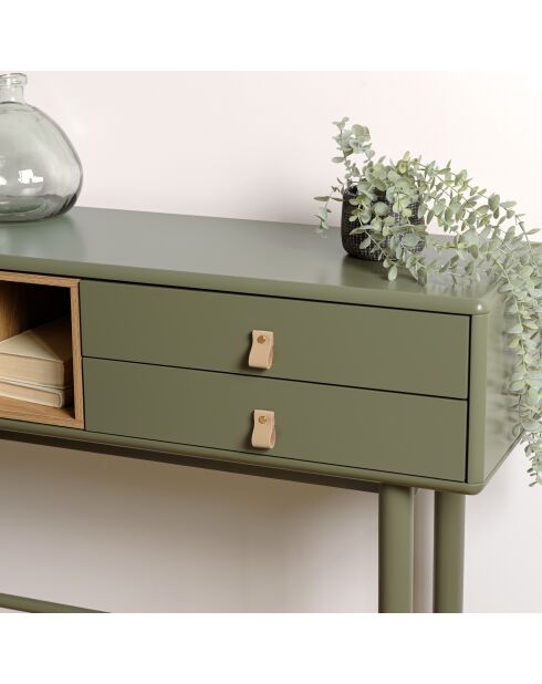 Console verte 3 tiroirs et 1 niche en bois naturel