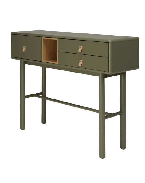 Console verte 3 tiroirs et 1 niche en bois naturel