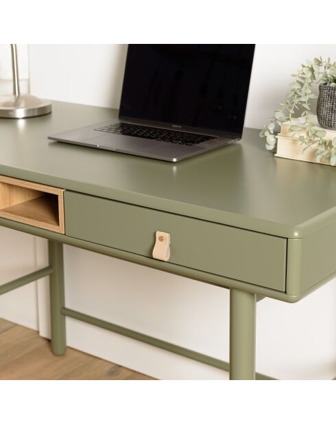 Bureau vert 2 tiroirs et 1 niche en bois naturel