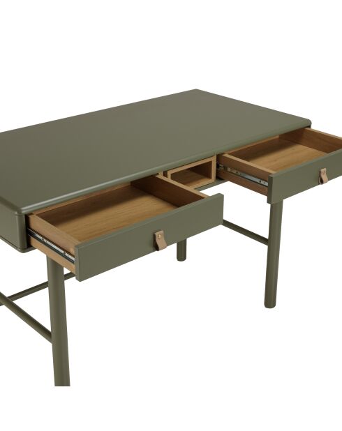 Bureau vert 2 tiroirs et 1 niche en bois naturel