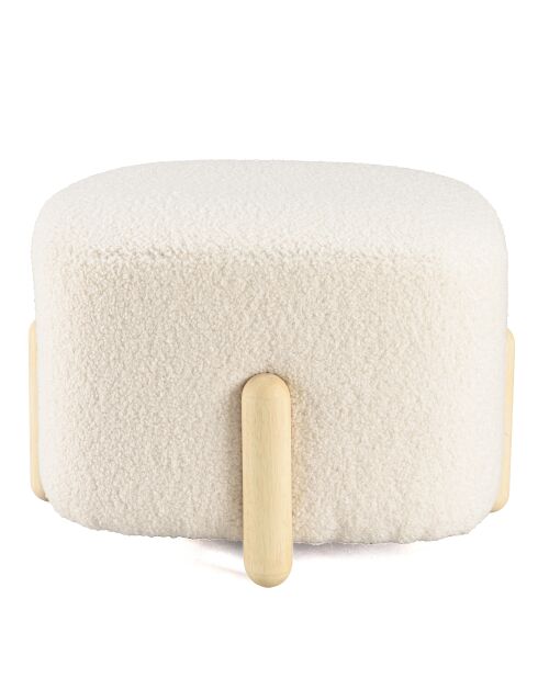 Pouf en tissu bouclette écru et pieds bois