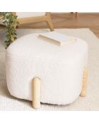 Pouf en tissu bouclette écru et pieds bois