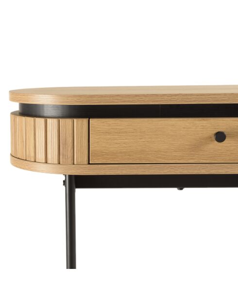 Console arrondie couleur naturelle 2 tiroirs pieds métal noir