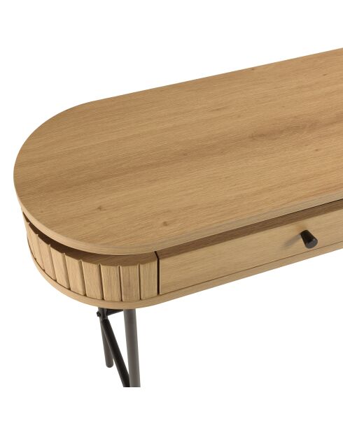 Console arrondie couleur naturelle 2 tiroirs pieds métal noir