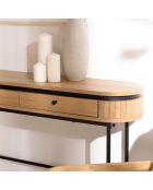 Console arrondie couleur naturelle 2 tiroirs pieds métal noir