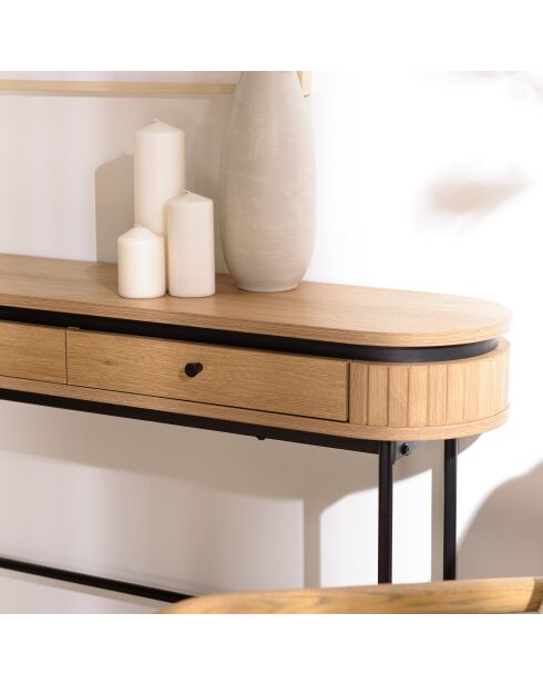 Console arrondie couleur naturelle 2 tiroirs pieds métal noir