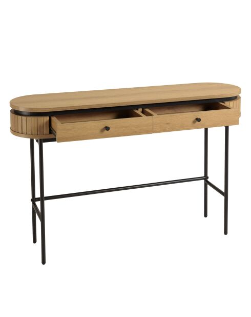Console arrondie couleur naturelle 2 tiroirs pieds métal noir