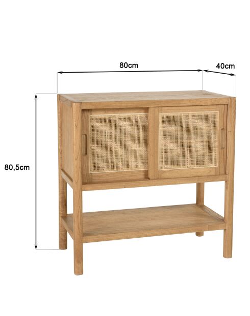 Buffet 2 étagères 2 portes coulissantes en mindi et rotin naturel