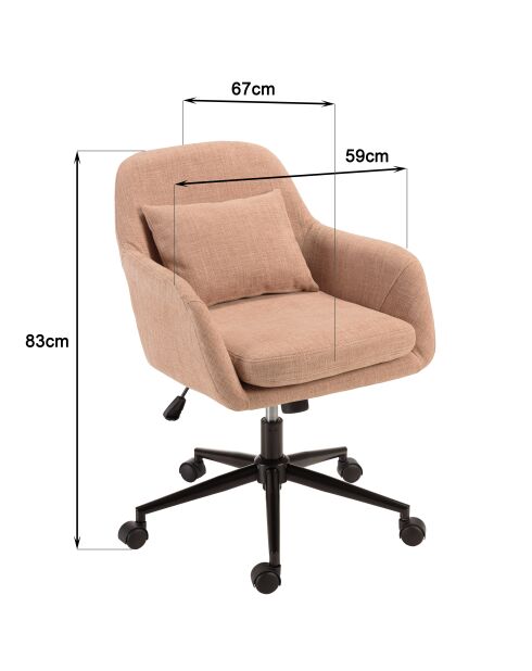 Chaise de bureau à roulettes en tissu rose dossier carré
