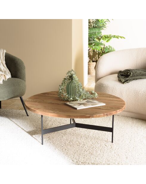 Table basse ronde 90x90cm bois Pin recyclé et pieds métal noir