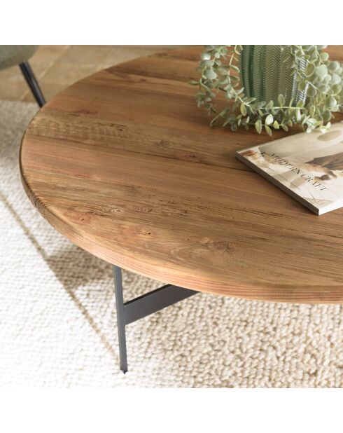 Table basse ronde 90x90cm bois Pin recyclé et pieds métal noir