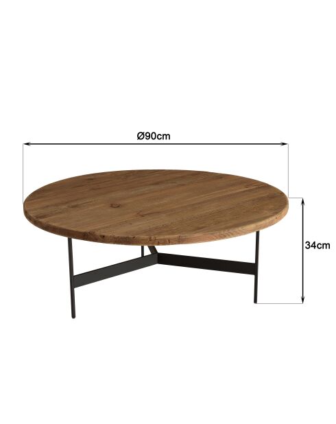 Tavolino rotondo 90x90cm legno Legno di pino riciclato e gambe in metallo nero