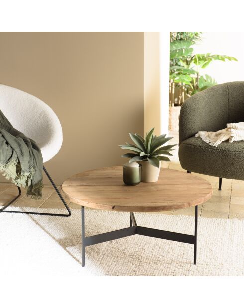 Table basse ronde 70x70cm bois Pin recyclé et pieds métal noir
