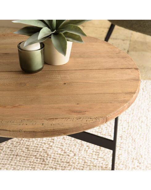 Table basse ronde 70x70cm bois Pin recyclé et pieds métal noir