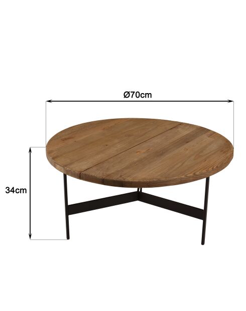 Table basse ronde 70x70cm bois Pin recyclé et pieds métal noir
