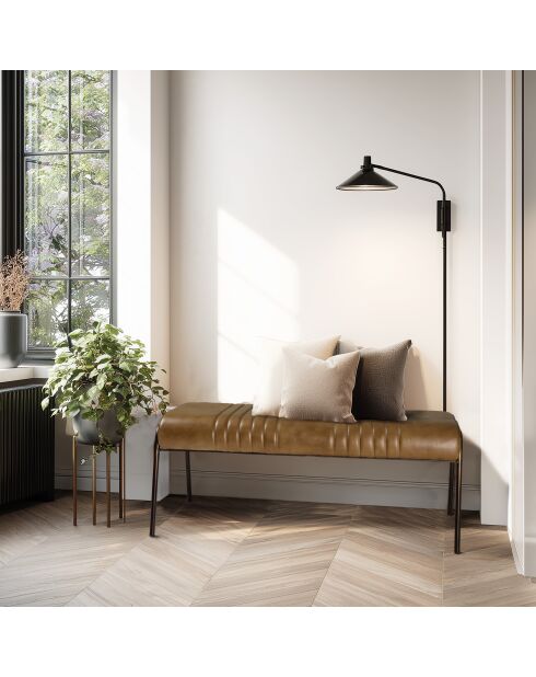 Banc matelassé en cuir marron et pieds acier