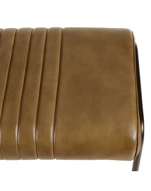 Banc matelassé en cuir marron et pieds acier