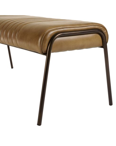 Banc matelassé en cuir marron et pieds acier