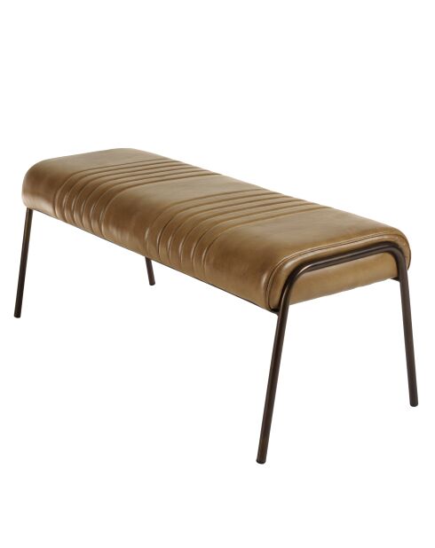 Banc matelassé en cuir marron et pieds acier