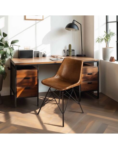 2 Chaises en cuir marron et pieds acier