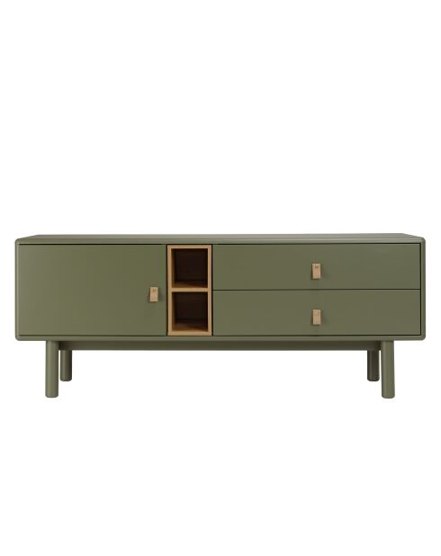 Meuble TV vert 1 porte/ 2 tiroirs et 2 niches en bois naturel