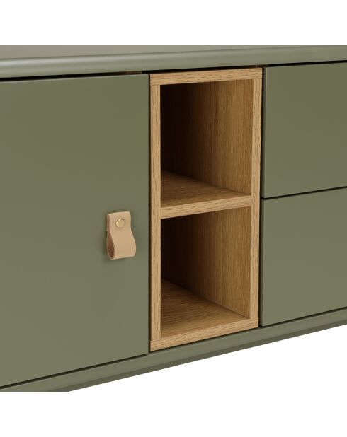 Meuble TV vert 1 porte/ 2 tiroirs et 2 niches en bois naturel