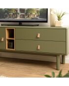 Meuble TV vert 1 porte/ 2 tiroirs et 2 niches en bois naturel