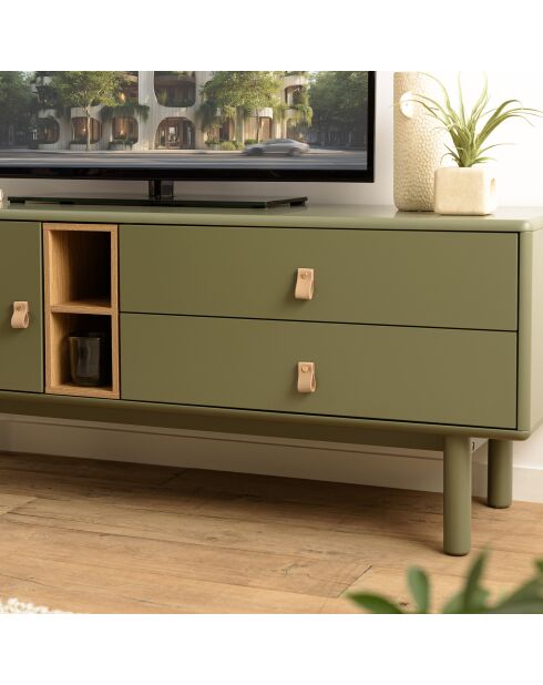 Meuble TV vert 1 porte/ 2 tiroirs et 2 niches en bois naturel