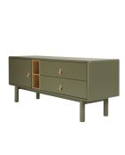 Meuble TV vert 1 porte/ 2 tiroirs et 2 niches en bois naturel