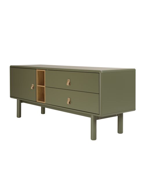Meuble TV vert 1 porte/ 2 tiroirs et 2 niches en bois naturel