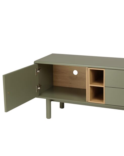 Meuble TV vert 1 porte/ 2 tiroirs et 2 niches en bois naturel