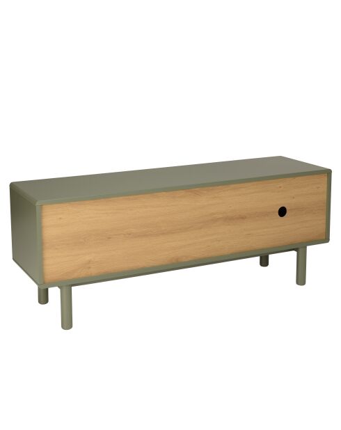 Meuble TV vert 1 porte/ 2 tiroirs et 2 niches en bois naturel