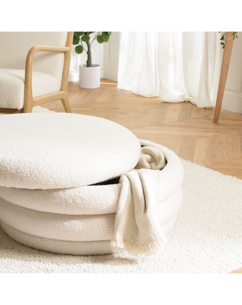 Pouf L en tissu bouclette écru avec rangement