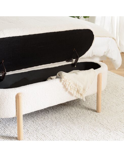 Banquette tissu bouclette écru avec rangement et pieds bois